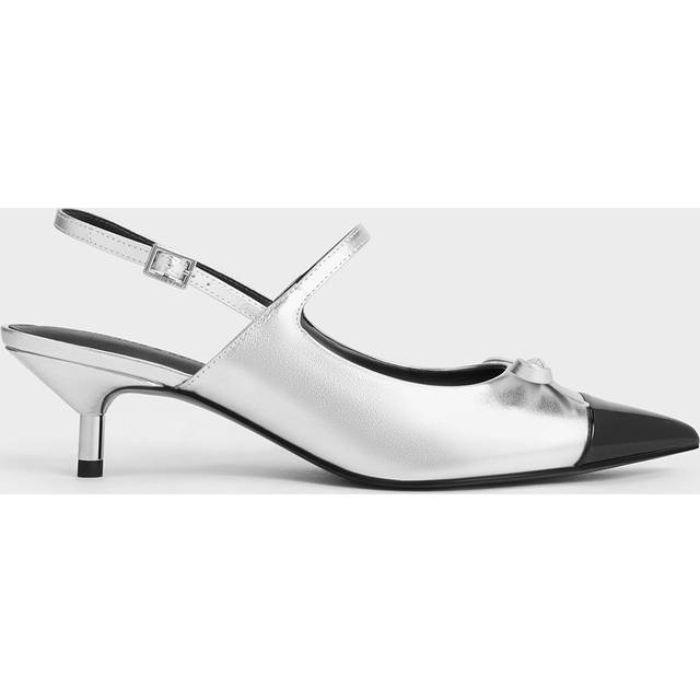 Charles & Keith - Metallic Bow Cap-Toe Kitten-Heel Slingback Pumps - Silver - UK 3