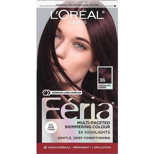 L'Oreal Paris Feria Multi-Faceted Shimmering Permanent Hair Color, 36 Chocolate Cherry (Deep Burgundy Brown), 1 Kit
