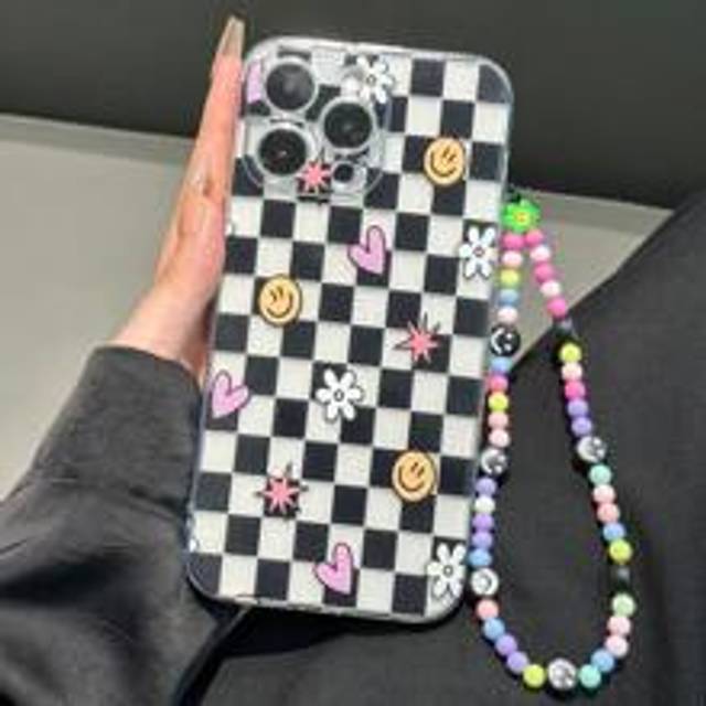 Apple Vintage Phone Charm Glansigt Transparent Leende Ansikte Målat Stötsäkert Telefonskal med Handledsrem Kompatibelt med XR/7/8, 15 Pro Max, 13, 14, - Multifärgad (Multi-size)