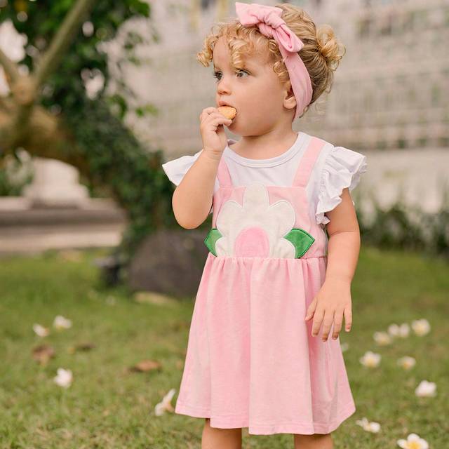 SHEIN Baby Girl Pink Summer Dress With 3D Flower Design, Elegant, And Gorgeous For Daily Or Casual Wear