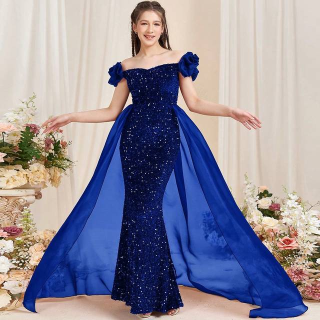 SHEIN Teen Girl Elegant Off-Shoulder Mermaid Evening Gown With Ruffled Detailing & Flowing Organza Sheer Panels Formal Dresses For Graduation Proms