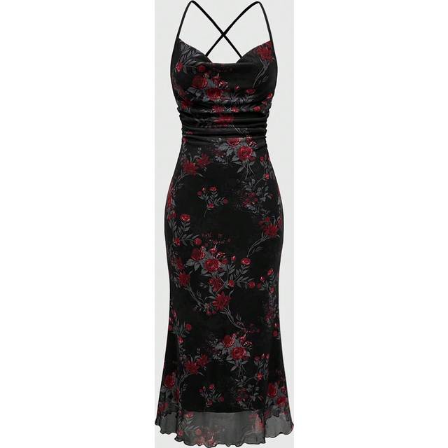 ROMWE Women&#39;s Retro Floral Pattern Bodycon Dress With Mermaid Hemline And Draped Neck, For New Year