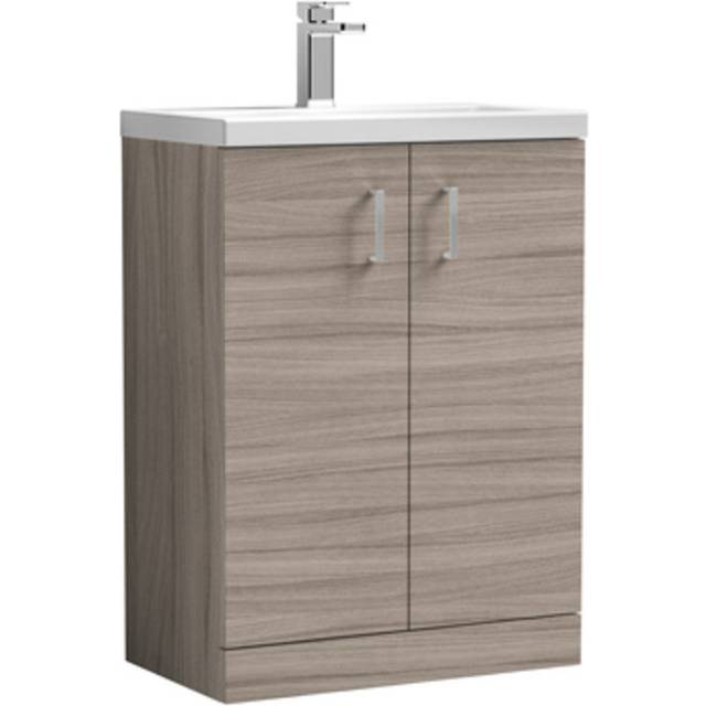Arno Compact Floor Standing 2-Door Vanity Unit with Polymarble Basin 600mm Wide - Anthracite Woodgrain - Nuie