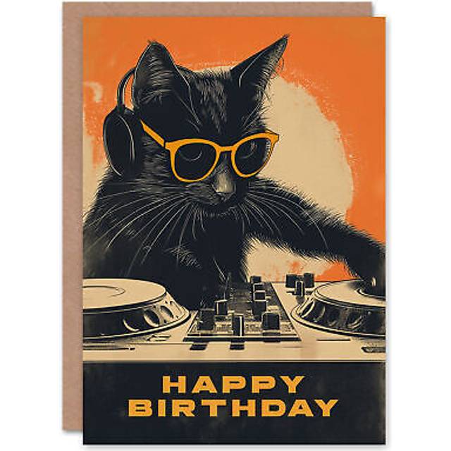Birthday Card Dj Decks Black Cat Lover Sunglasses For Him Man Greeting Card