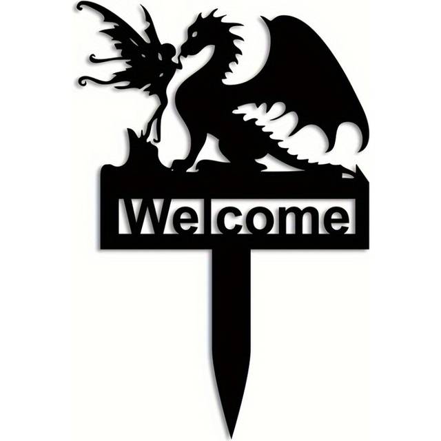 (Black) 1pc Dragon Garden Fairy Address Yard Sign Metal Dragon Garden Stake