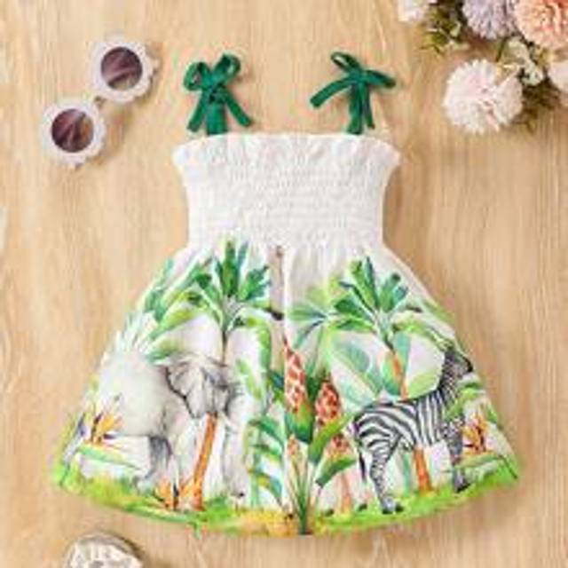 Baby Girl sommar elefant och zebra Print Casual Cami Sundress - Vitt (6-9M,9-12M,12-18M,18-24M,2-3Y,3-6M)