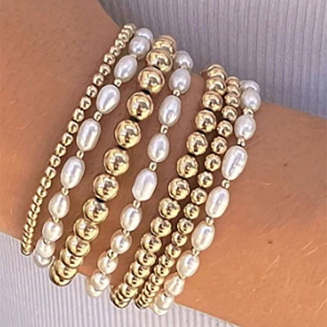 SHEIN 7pcs  Set Of Stacked Gold Bracelets For Women And Girls, Mixed Bead Shaped Pearl Bracelet With Gold Plated Elastic Bead Ball Bracelet Set, Daily Surpr