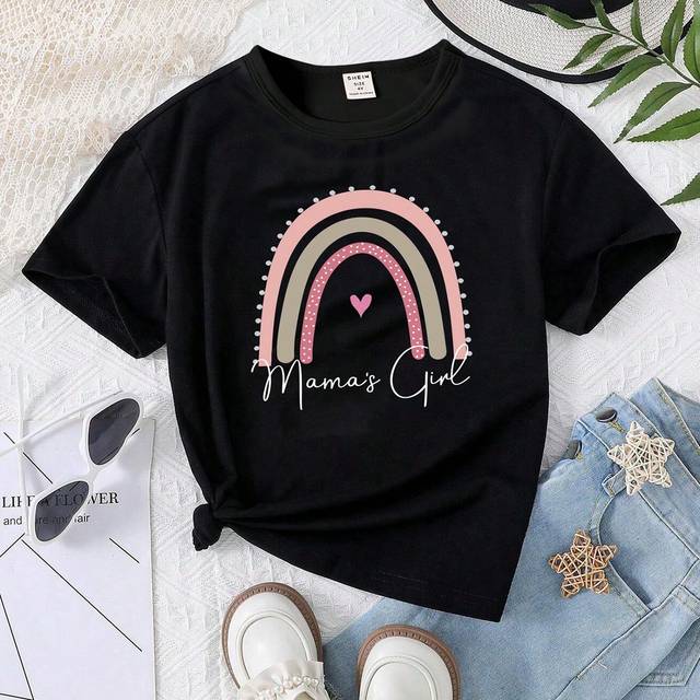 SHEIN Young Girl&#39;s Cute Rainbow Slogan Print Short Sleeve T-Shirt