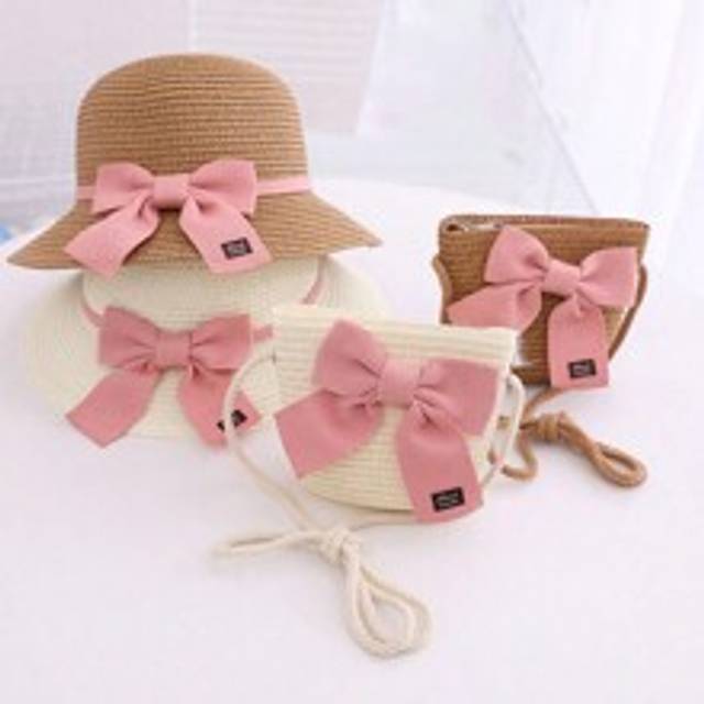 1 set Söt Bowknot solhatt för flickor, Summer Bucket Hat för Baby, Princess Sunbonnet med stor brätte och matchande väska - Beige (3-8Y)