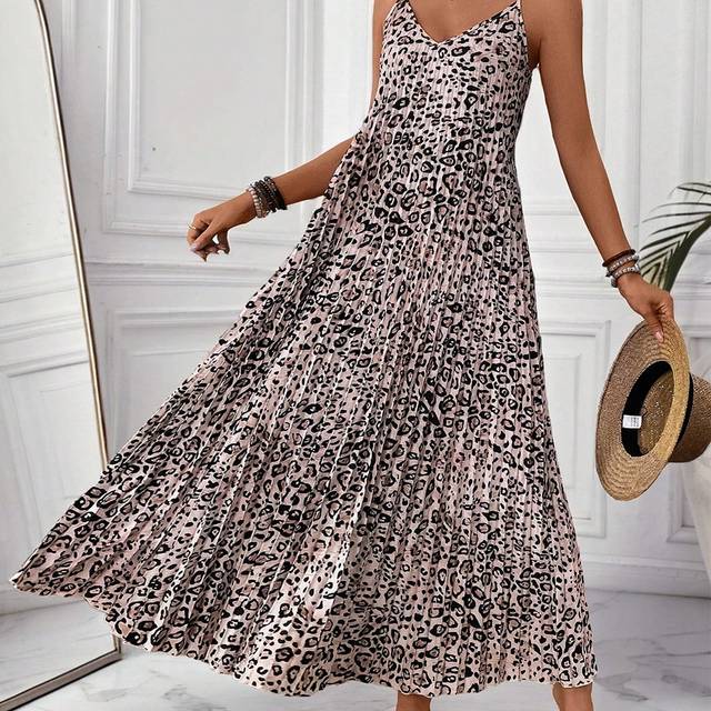 Breezaya Leopard Print Cinched Waist Pleated Cami Dress