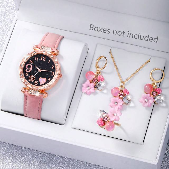 SHEIN 5Pcs Ladies Watch Women&#39;s Pink Pu Leather Strap Quartz Watch With Fashionable Rhinestones Decorated Geometric Dial Vintage Charm Multi-Color Crystal F