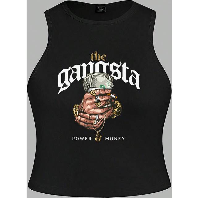 Slaydiva Casual Minimalist Money Hand Graphic Crew Neck Slim Fit Tank Top Plus Size Women, Suitable For Summer