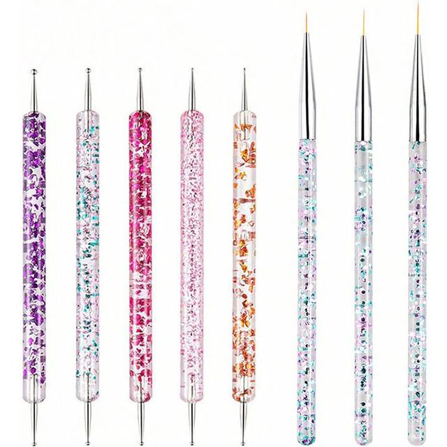 SHEIN 8pcs Nail Art Brush Set, Including UV Gel Brush, Striping Brush, Silicone Brush, Dotting Pen, Crystal Rhinestone Pen, Manicure Tool
