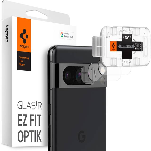Spigen Glas.tR EZ Fit Optik Kamera Skärmskydd kompatibel med Google Pixel 8 Pro, 2 Stycken, Kristallklart, Inget fel på blixtfunktionen, Case friendly, 9H härdat Glas