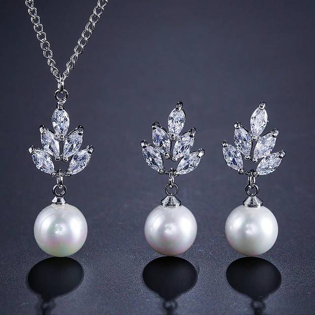 SHEIN 2 Pieces Luxury Man Made Pearl Bridal Jewelry Sets For Women Fashion Cubic Zirconia Earrings Necklace Wedding Accessories