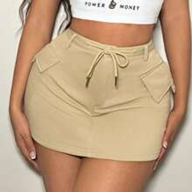 Sommar Khaki Color Workwear Style Mini kjol med stora fickor - Kaki (L,M,S,XS)