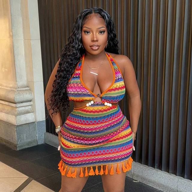 Slaydiva Beach Summer Casual Holiday Halter Neck Strap With Hollow Bead Decoration On The Waist, Tassel Rope Hem, Tassel Mini Dress, Colorful Striped Slim Dres