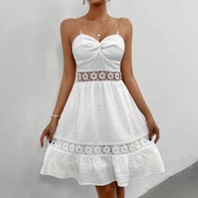 Kvinnor Sommar Enfärgad Spets Splits Ruffle Fåll Bröstknut Spaghetti Strap Dress - Vitt (L,M,S,XS)