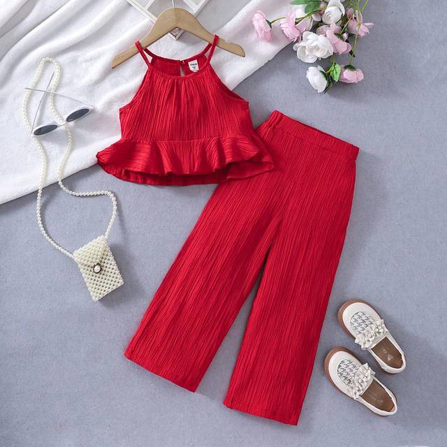 SHEIN Young Girl Summer Solid Color Ruffle Hem Cami Top And Wide Leg Pants Loose Two Pieces Set Red Young Girl Set