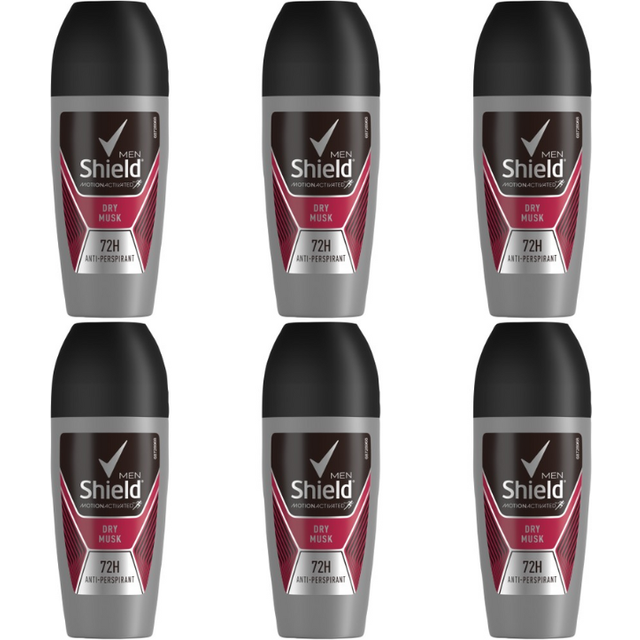 6 x 50ml Shield Men DRY MUSK Roll On 72h Anti-Perspirant
