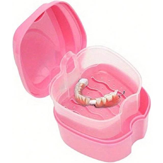 SHEIN 1pc Denture Bath Case With Strainer Basket - False Teeth Storage And Cleaning Container For Travel - Braces, Mouth Guard, Night Guard, Retainers Soak