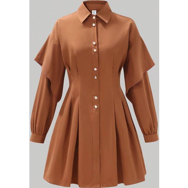 SHEIN Teen Girls&#39; Pleated Waist Frill Trim Long Sleeve Shirt Collar Autumn Windbreaker Coat, Ideal For Hiking
