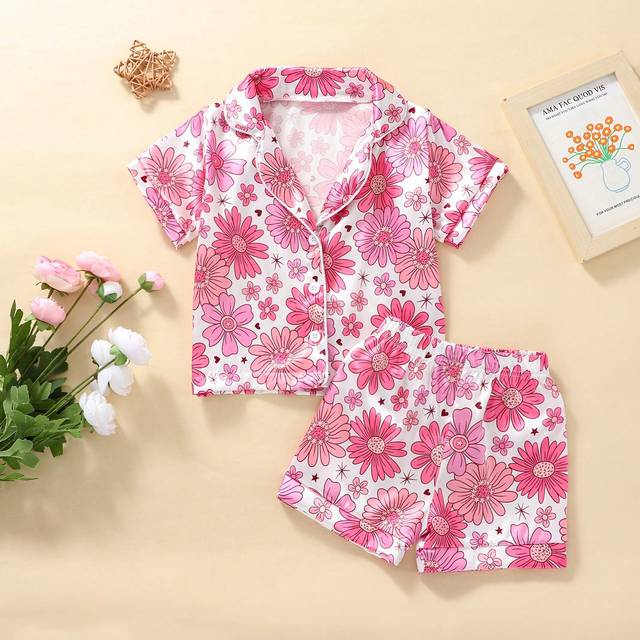 SHEIN Young Girl Pajamas Set Short Sleeve Floral Button Down Pajama Shirt Top & Shorts Bottoms Sleepwear