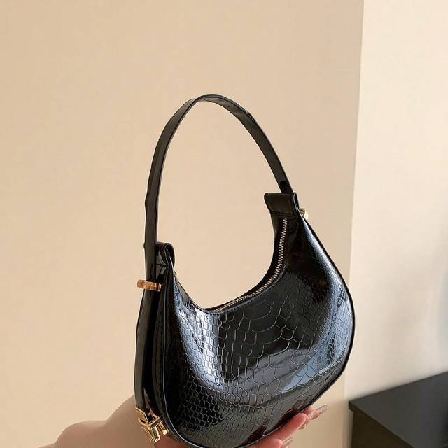 SHEIN Metallic Snakeskin Embossed Hobo Bag Solid Color Crocodile Embossed Shoulder Bag, Baguette Bag, Simple Underarm Bag