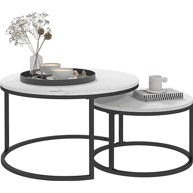 HOMCOM 2 Pcs Stacking Coffee Table Set Steel Frame, Marble-Effect White