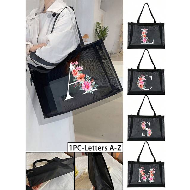 SHEIN 1PC Black Mesh Handbag With The Initials A-Z Pink Yellow Flower Print Design ,Simple And Elegant ,Personalized Bridesmaid Wedding Gift Bag ,Makeup Bag
