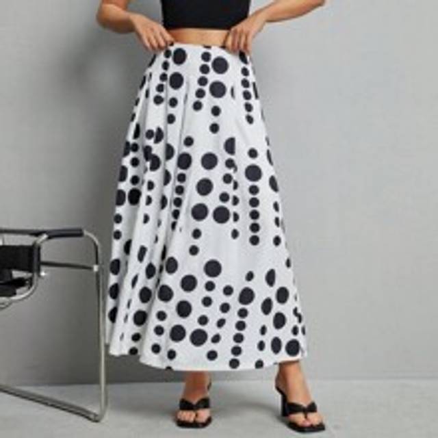 Sunmmer High Waist Polka Dot Printed A-Line midikjol för sommar #påsk - Svart och Vitt (L,M,S,XS)