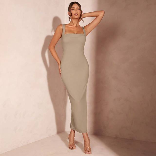 SHEIN Cream 2 In 1 Square Neck Camisole Bodycon Dress Elegant Old Money Style Long Dress