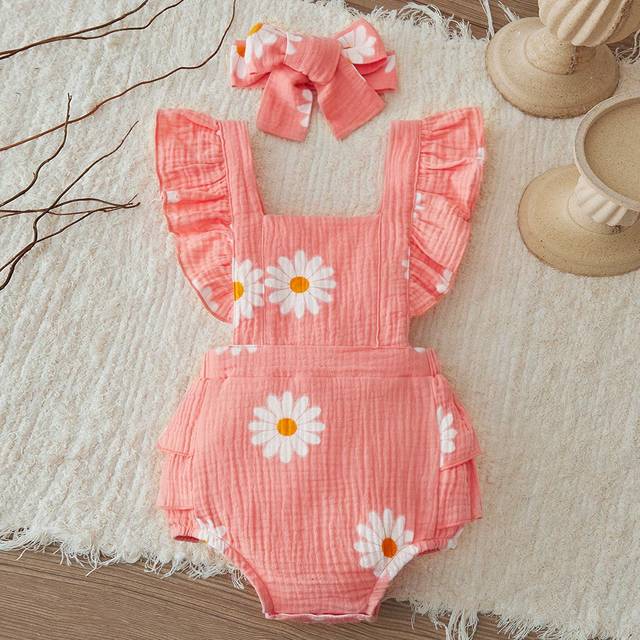 SHEIN Baby Girl Daisy Print Square Collar Cute Ruffle Trim Romper