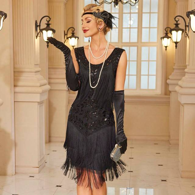 SHEIN 1pc Women&#39;s Elegant Sleeveless Solid Color Fringed Hem Evening Party Dress, Retro 1920s Style Semi Formal Wedding Guest Dress, For Birthday, Dinner, H