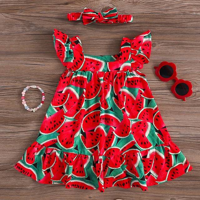 SHEIN Baby Girl Cute Vacation Cartoon Pattern Square Neck Cap Sleeve Dress, Summer