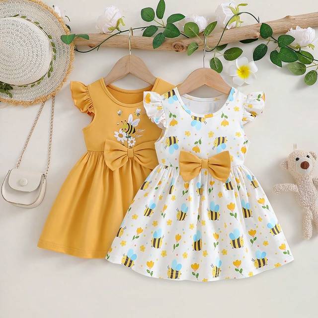 SHEIN Baby Girl 2pcs Cute Bow Detail Sleeve Dress With Bow Knot, Suitable For Summer Outing