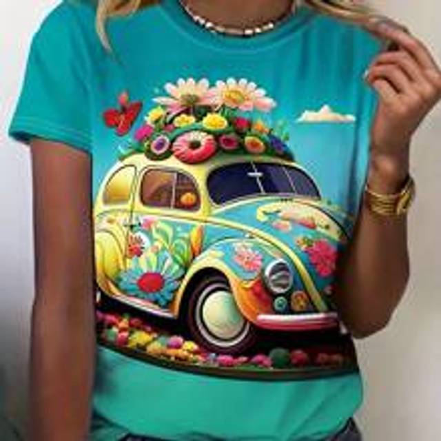 Plus Size Summer Holiday Style Bil & Blommor Mönster Dam Rundhalsad Kortärmad T-shirt Grafiska T-shirts Dam Toppar - Multifärgad (0XL,1XL,2XL,3XL,4XL,5XL)
