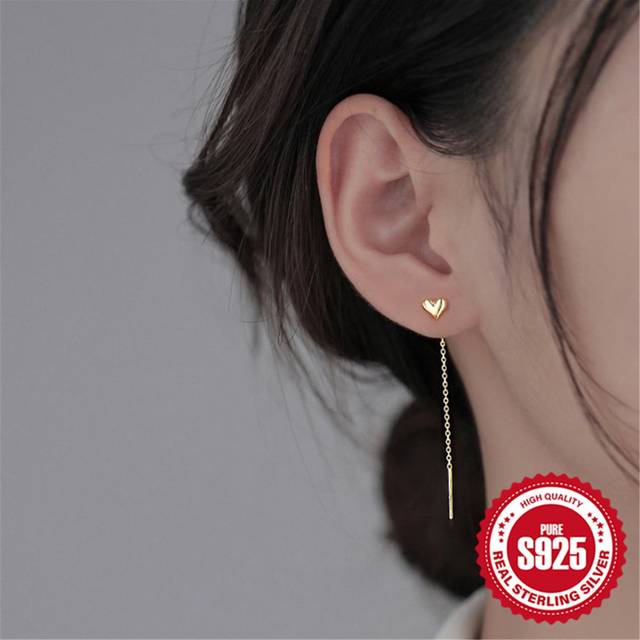 SHEIN 1 Pair 925 Sterling Silver Heart Earline Ear Studs New Long Style Tassel Earrings 18K Gold Plated Dangle Earrings Female Drop Studs Jewelry