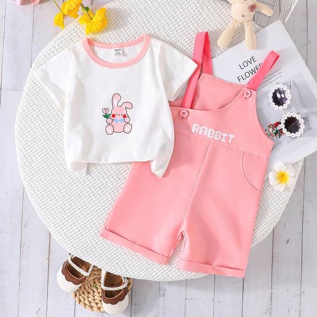 SHEIN 2pcs Baby Girls&#39; Cute Rabbit Printed Short Sleeve T-Shirt And Overall Shorts Set