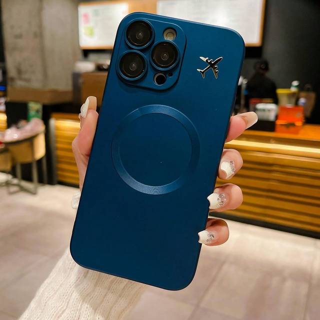SHEIN Blue Phone Case Summer Minimalist Matte Magnetic Metal Aircraft Style Shockproof Phone Case Protector Compatible With Iphone 11/12/13/14/15/16 Pro AMX