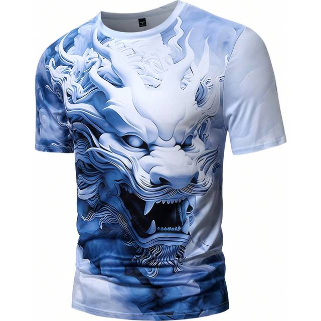SHEIN Men&#39;s Summer Chinese Dragon Printed Casual Short Sleeve Round Neck T-Shirt
