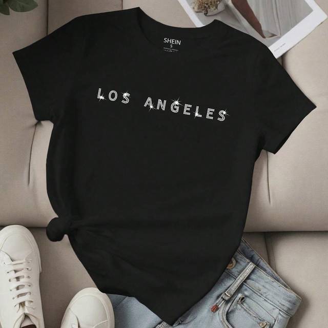 SHEIN Women&#39;s Slogan Los Angeles Printed Hot Diamond Decoration Round Neck Short-Sleeved T-Shirt, LOS ANGELES Graphic Tees Women Tops
