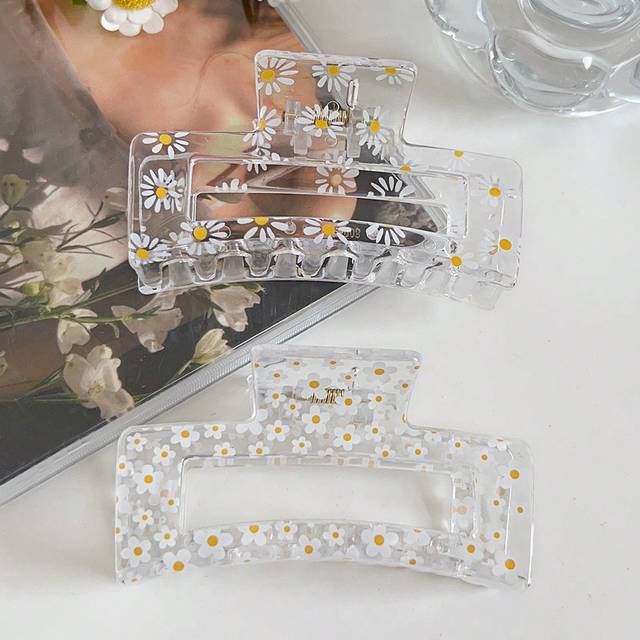 SHEIN 2pcs Transparent Minimalist Daisy Printed Square Hair Claw, Elegant Hair Accessories For Parties And Tea Parties,Flower Claw Valentine&#39;s Day
