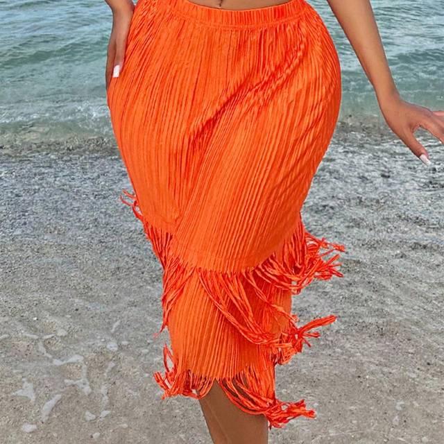 SHEIN Beach Wear Resort Summer Spring Break Bottoms Holiday Vacation Long  Skirt Sexy Festival Orange Fringe Trim Pleated Maxi Skirt