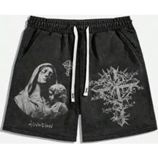 Herr Casual Vintage tvättad grafisk & korstryck dragsko midjeshorts, sommar, skola - Svart (L,M,S,XL,XXL)
