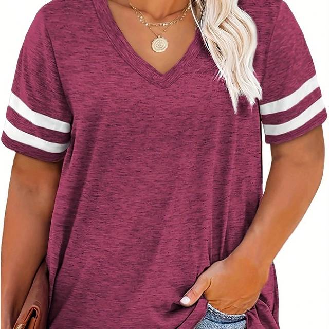 SHEIN Plus Size V Neck Striped Casual Tee T-Shirt For Summer