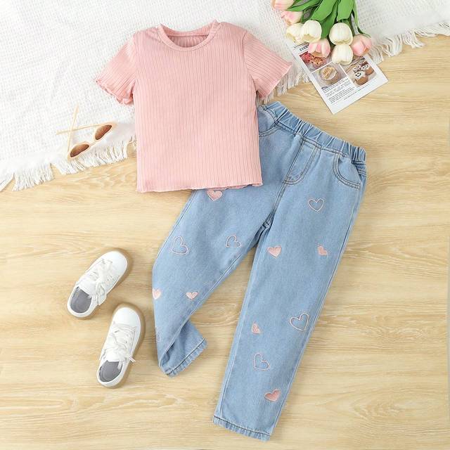 SHEIN Young Girl Plain Top And Heart Embroidery Jeans Set, School, Campus, College