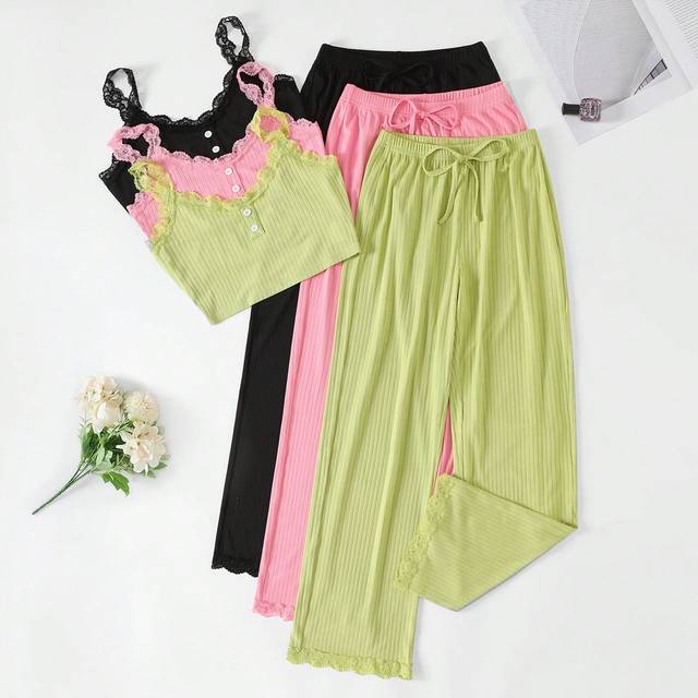 SHEIN Women&#39;s Comfortable Short Lace Top And Long Pants Pajama Set, 3pcs