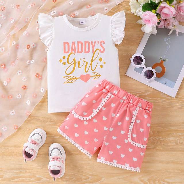SHEIN Young Girl 3-7 Years Old Set, Ruffle Hem Cap Sleeve Letter Top & Pink Heart Printed Shorts