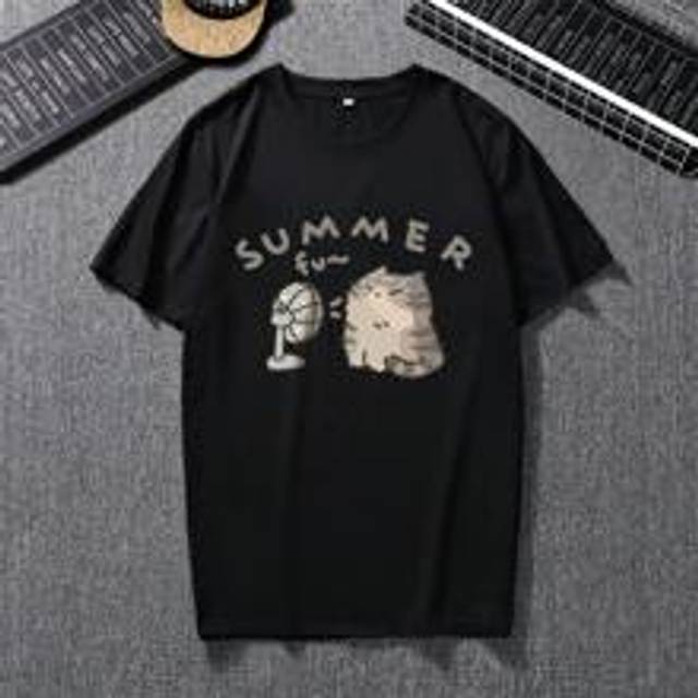 Män Sommar Casual Fit Söt tecknad katt grafiskt tryckt rund hals Drop Shoulder Kortärmad Casual T-shirt, för vänner - Svart (L,M,S,XL,XXL)